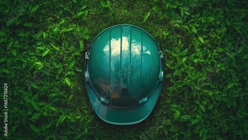 Green Construction Helmet on Lush Green Grass Symbolizing Sustainability