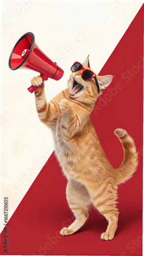 Orange cat wearing sunglasses holding red megaphone