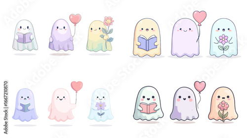 Adorable pastel ghost characters holding books, flowers, and hearts. Cute kawaii cartoon style illustration perfect for stickers, prints, and digital art.