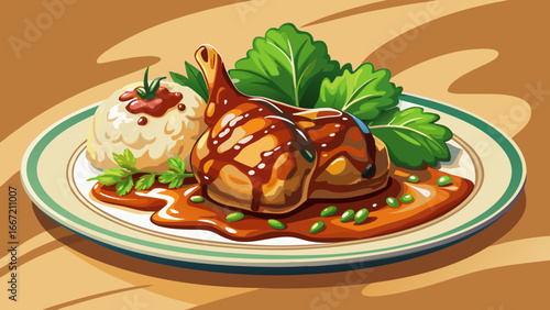 Teriyaki glazed chicken with mashed potatoes and greens, savory-sweet harmony of textures and colors, semi-realistic abstraction capturing timeless comfort in culinary artistry and pastoral simplicity