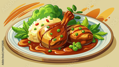 Teriyaki glazed chicken with mashed potatoes and greens, savory-sweet harmony of textures and colors, semi-realistic abstraction capturing timeless comfort in culinary artistry and pastoral simplicity