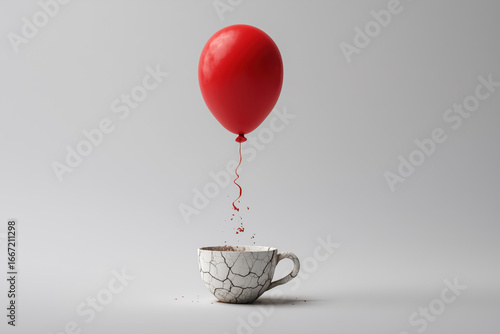 Red balloon floats above a broken cup with scattered debris creating an intriguing visual moment
