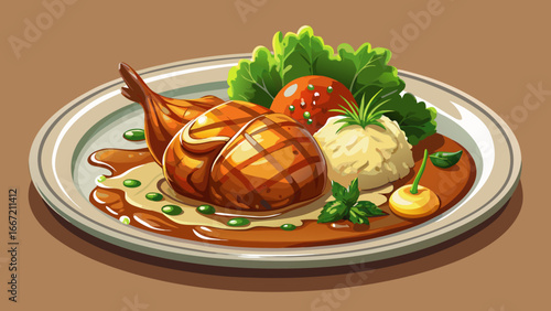 Teriyaki glazed chicken with mashed potatoes and greens, savory-sweet harmony of textures and colors, semi-realistic abstraction capturing timeless comfort in culinary artistry and pastoral simplicity