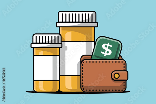 Illustration of two pill bottles next to a wallet with a dollar sign on a green card inside it