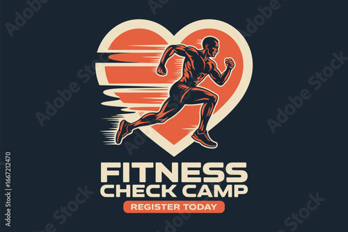 Fitness check camp advertisement featuring a runner in front of a heart shaped background