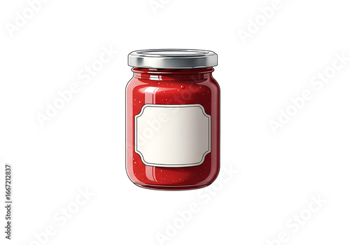 A glass jar of vibrant red fruit preserves, featuring a blank label, is presented against a stark black background.