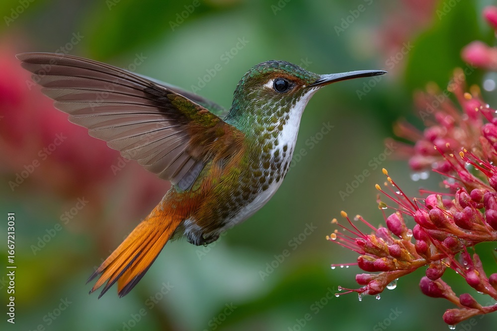 Fototapeta premium Chestnut breasted coronet hummingbird hovering near flower