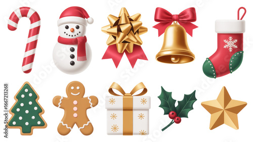 3d icon of collection of christmas icons including candy cane, snowman, bell, and stocking isolated on transparent background