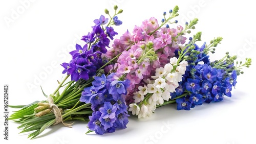 Elegant bouquet of colorful larkspur flowers on a bright white background