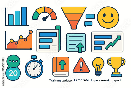 Business performance outline icon set. analytics, growth, metrics tracking icons collection