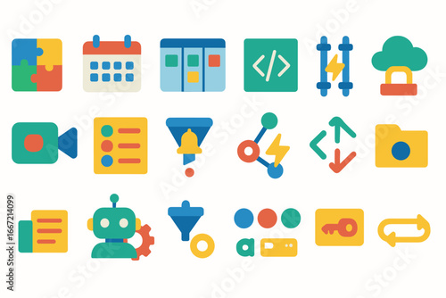 Business, office flat icon set for workflow tools, communication, organization