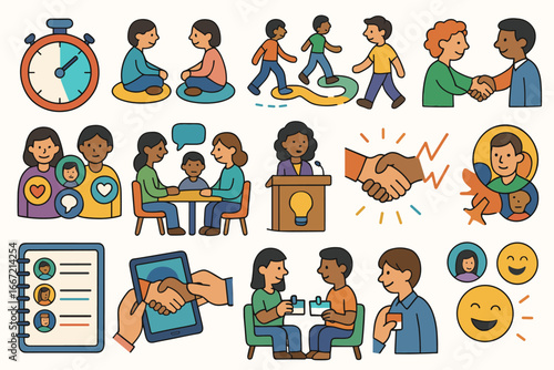 Community engagement icon set. cooperation, social interaction icons flat collection