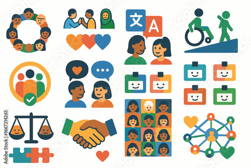 Diversity and inclusion icon set. community, communication, accessibility flat icons