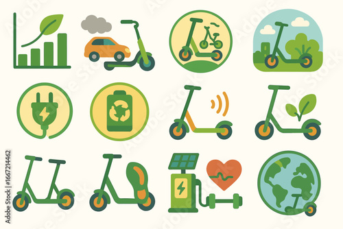 Eco-transport flat icon set. electric, scooter, sustainable energy icons collection