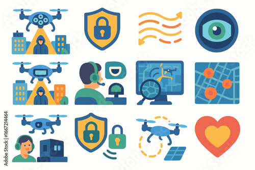 Cybersecurity and surveillance flat icon set. technology, protection graphics collection