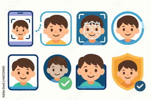 Face recognition flat icon set. identity, security, biometric icons collection
