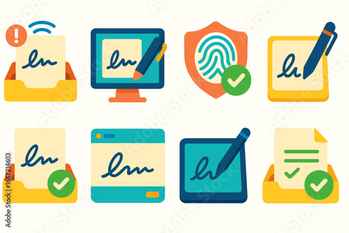 Flat vector illustration of electronic signature and digital document security. Icon set includes signed papers, digital signature screens, fingerprint authentication, check marks, and writing pens. P