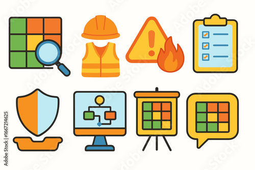 Safety equipment flat icon set. workplace safety and hazard icons in flat style