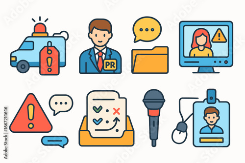 Public relations flat icon set. media, communication, broadcasting, news icons collection