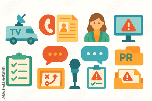 Media and communication flat icon set: broadcasting, journalism, pr visuals