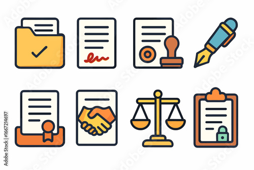 Business and office icon set: linear icons for documents, agreements, and more