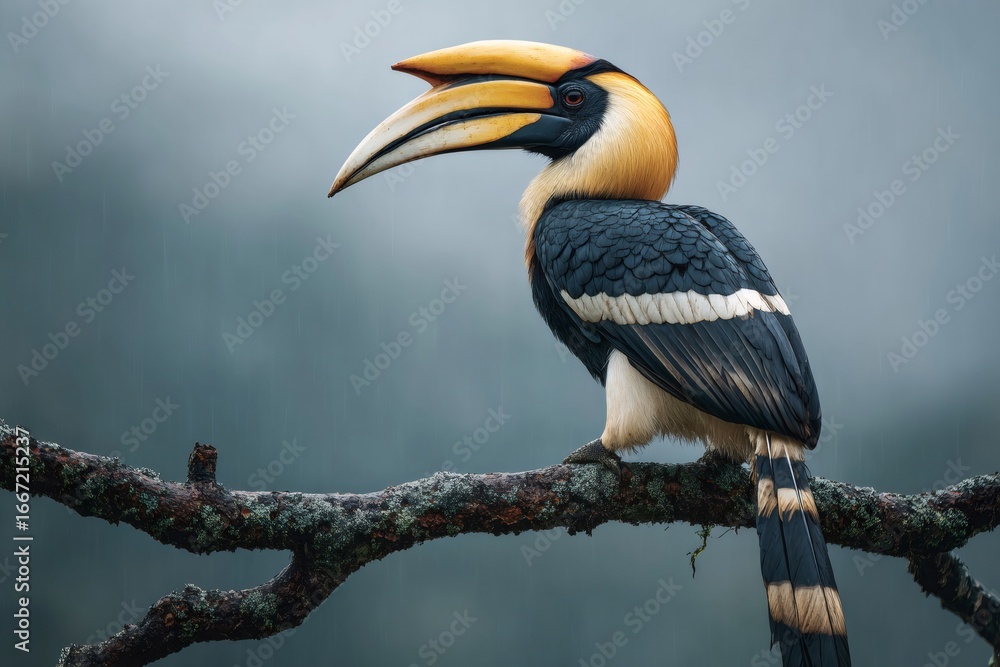 Obraz premium Great hornbill perched on branch during rainfall in asian forest