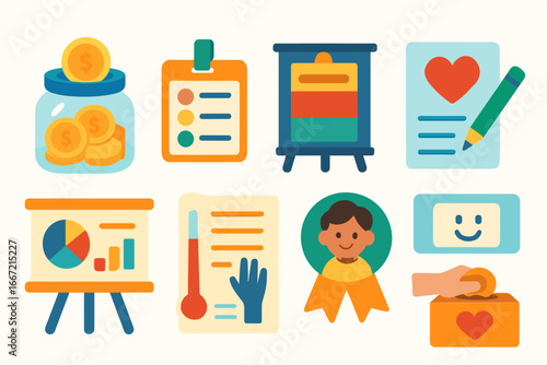 Charity and donation flat icon set. philanthropy, giving, aid symbols flat collection