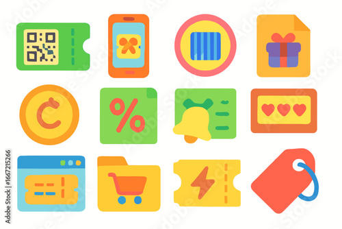 E-commerce and shopping flat icon set. online retail payment and cart icons collection