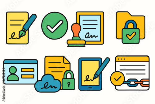 Digital signature and security icon set. essential e-signature icons in flat style