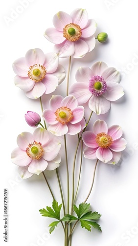 Delicate pink anemone flowers with green leaves on a clean white background