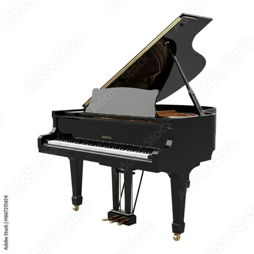 A grand piano with a black shiny finish and an open lid against a dark background in a studio setting created with generated ai