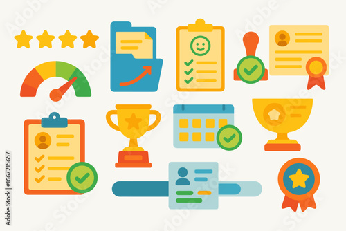 Performance, achievement flat icon set. recognition, success incentives flat collection