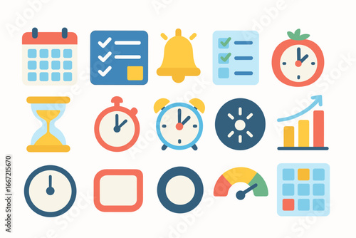 Productivity and time management flat icon set. task, calendar, timer icons collection