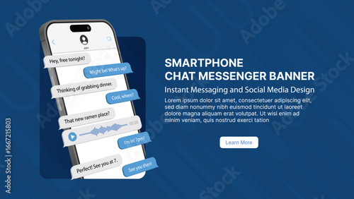 Smartphone Chat Messenger Banner – Realistic Mobile Phone with Instant Messaging and Social Media Design for Online Communication, App Presentation, and Digital Marketing