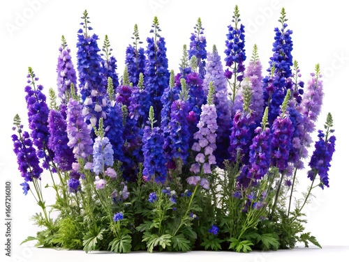 A vibrant and colorful arrangement of purple and blue delphinium flowers