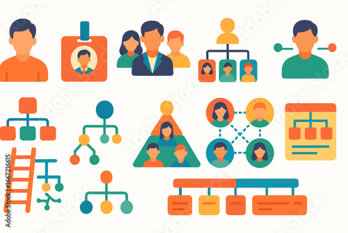 Team structure flat icon set. organizational, hierarchy, network, management collection