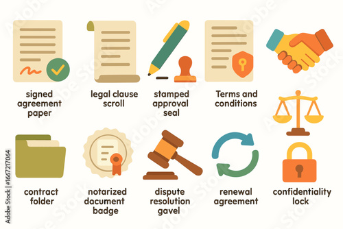 Business and legal flat icon set. essential documents and contracts for your projects.