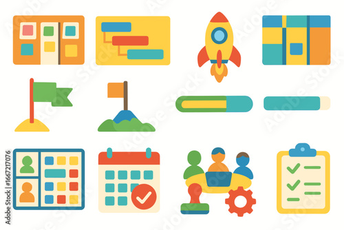 Business and project management flat icon set. workflow and planning icons collection