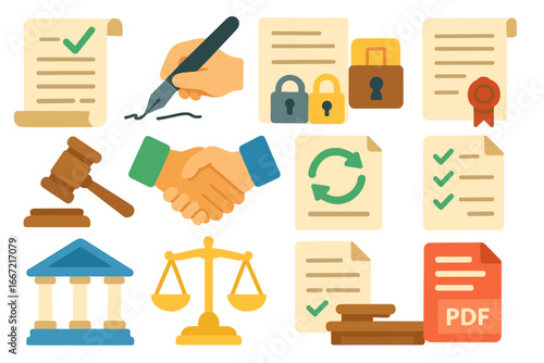 Business and legal flat icon set. corporate, contract, justice, document icons collection.