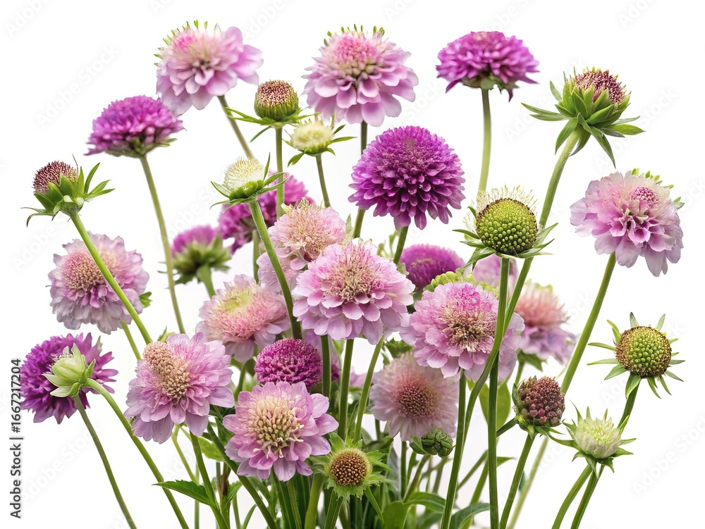 Obraz premium Closeup of a bouquet of pincushion flowers in various stages of bloom
