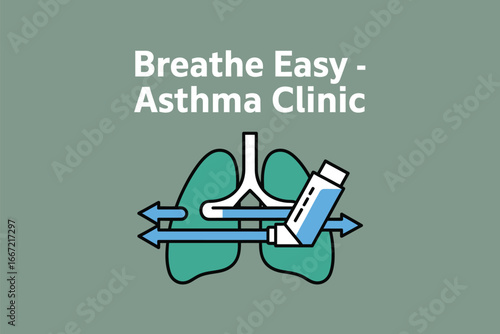 Illustration of lungs with an inhaler and arrows indicating airflow on a gray background design element
