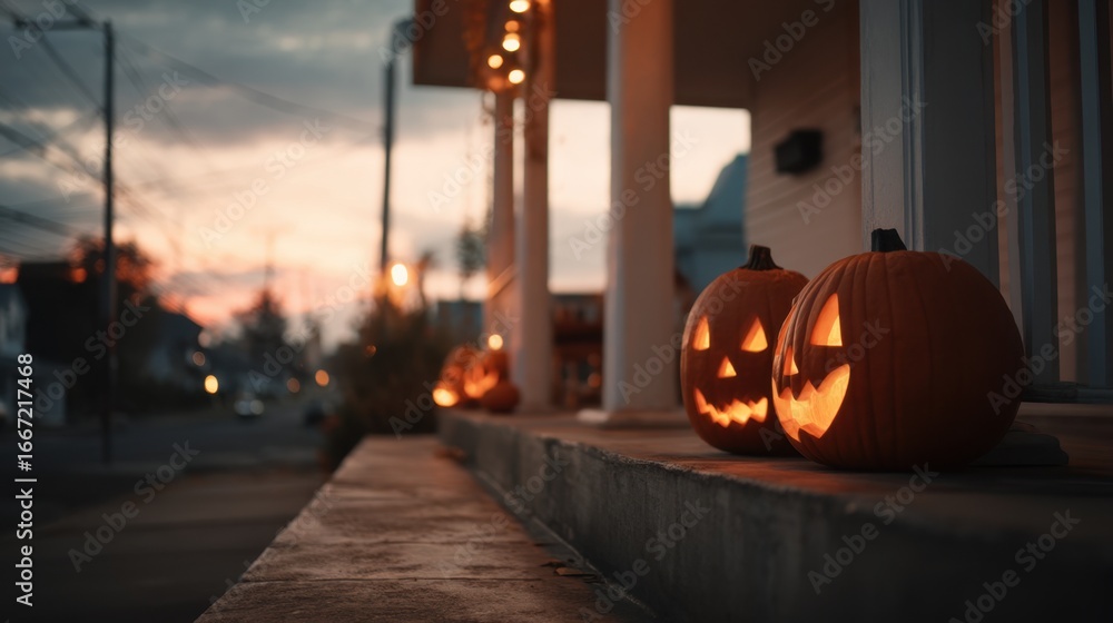 Fototapeta premium Halloween jack-o’-lanterns glowing on a front porch at dusk, festive autumn decoration