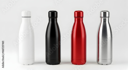 Four insulated stainless steel water bottles in white, black, red and silver — reusable thermal drink bottles for travel, gym and eco-friendly hydration