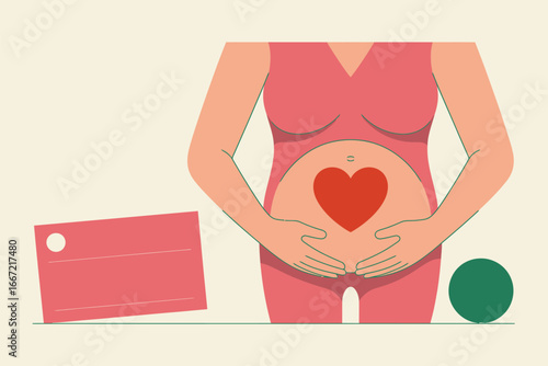 Illustration of pregnant woman in pink dress with heart on belly and card next to green circle shape
