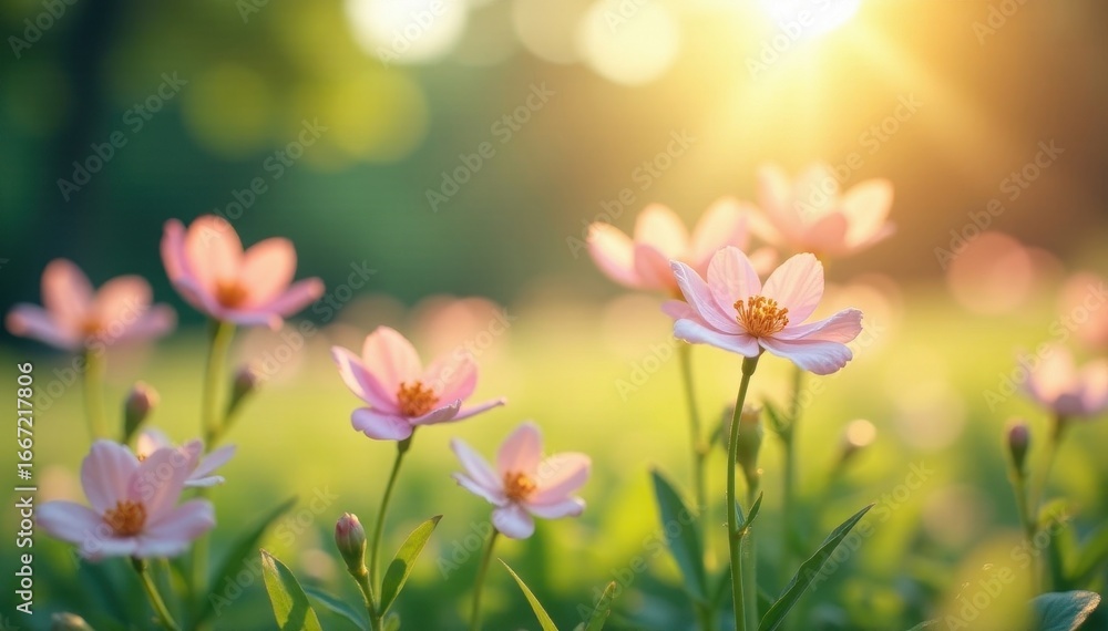 Fototapeta premium Delicate paper blooms in soft hues adorn a sun-drenched meadow, late afternoon light , soft, romantic, handmade