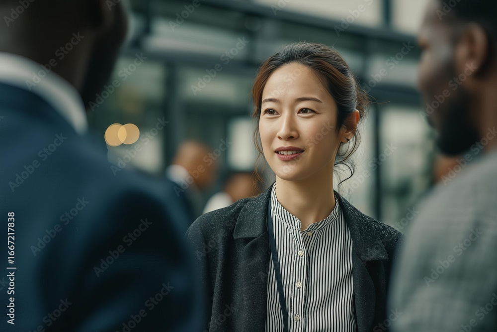 Fototapeta premium A professional woman smiles while chatting with colleagues in a modern office environment fostering collaboration and connection