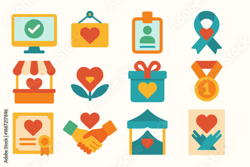 Charity and community flat icon set. donation, support, care, and volunteer icons