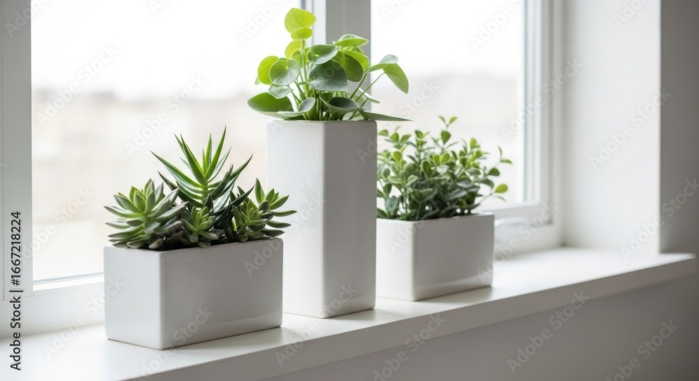 Fototapeta premium Elegant indoor succulent and potted plant display on a light-filled windowsill