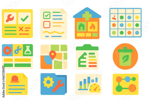 Business productivity flat icon set: data, management, tools, analytics icons collection