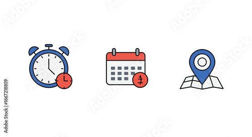 Appointment Scheduling Icons Featuring Alarm Clock Calendar and Location Pin for Time Management silhouette